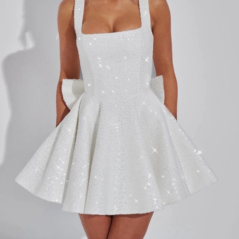 Sparkle White Mini Fit-and-Flare Dress with Square Neck